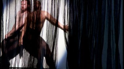 Two performers stand behind a sheer black curtain