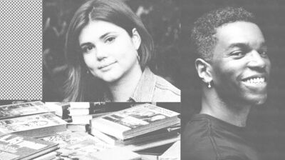 Two peoples profiles are grey and collaged with an image of piles of books and a dotted square.