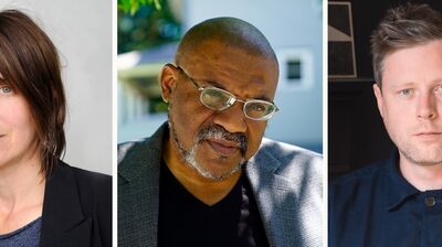 A three-panel split image showing headshots of a woman with short brown hair, a man with glasses and a goatee, and a man in a dark button-up shirt.
