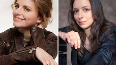 Side-by-side headshots feature two smiling women: one with short blonde hair and one leaning on a grand piano.