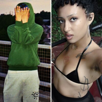 Side by side photo of a man wearing a green hoodie, hiding his face with his hands and a woman wearing a bikini holding a baseball bat.