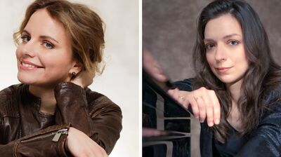Side-by-side headshots feature two smiling women: one with short blonde hair and one leaning on a grand piano