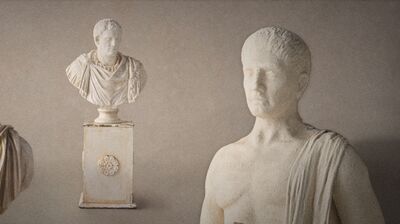 Three ivory coloured statues against an ivory background.