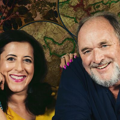 William Dalrymple and Anita Anand in front of an ornate background.
