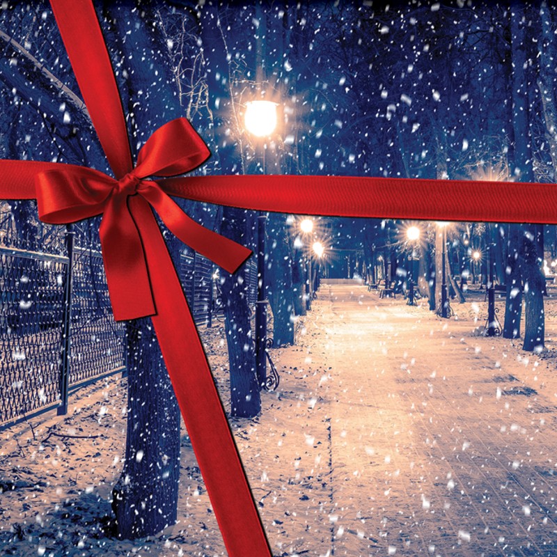 Shows a snowscape of a throughway in a park at night. There is a graphic of a red ribbon tied around it so it looks like a present.