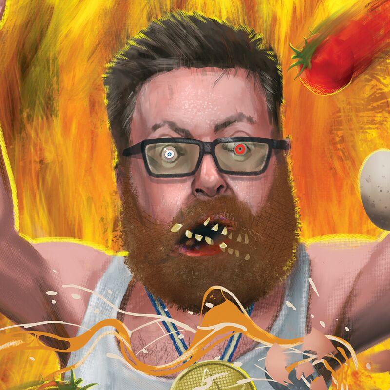 A dystopian painting of comedian Frankie Boyle. He bears his teeth and raises his arms to the sky in front of a wall of flames. He has a white vest top on, a gold medal and wears square framed glasses. A tomato and an egg are painted as if about to hit him in the face.