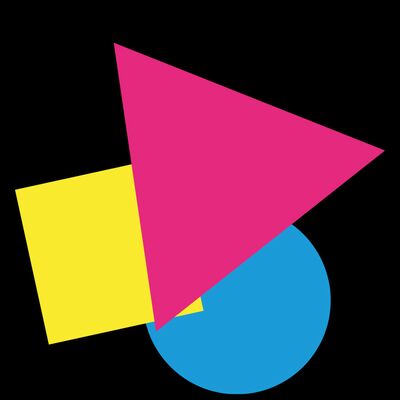 A composition of a bright pink triangle, a yellow square and blue circle on a black
background.