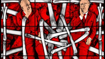 An Gilbert & George artwork featuring two men in red suits sitting amid a pattern of white wishbones on a red and black background. The men are posing thoughtfully, each with a hand on their face.