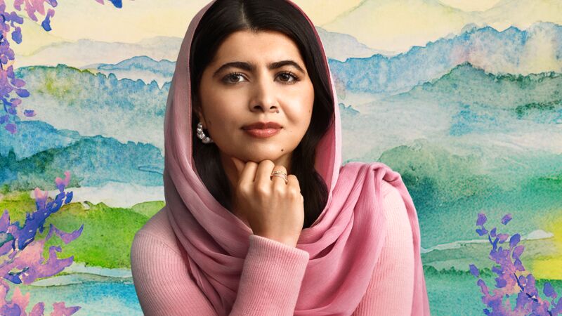 Malala wearing pink against a watercolour backdrop.
