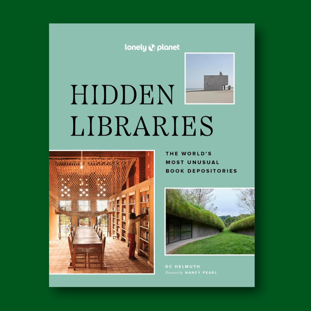 Image of the book hidden libraries on a green background. The front page shows idyllic outdoor library settings.