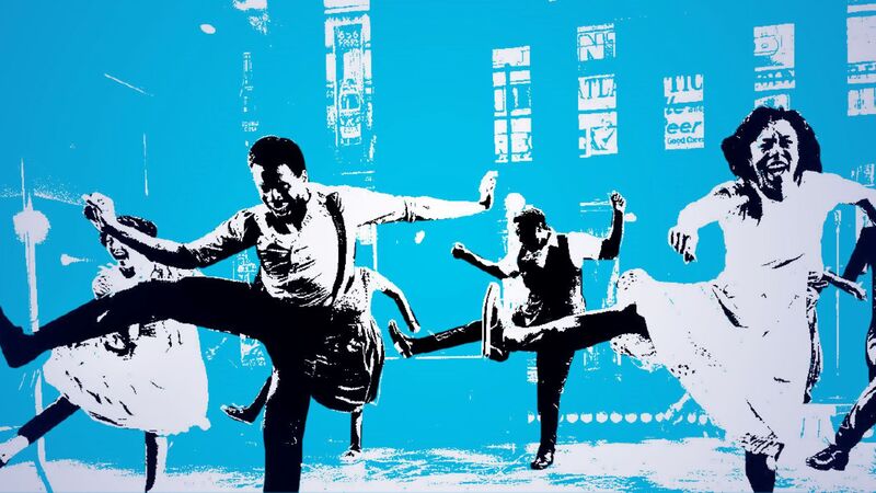 Animation of a group of people dancing, looking very happy on a blue background