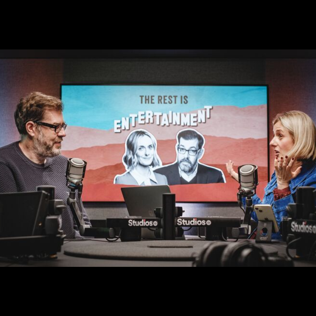 Image of Richard Osman and Marina Hyde in a recording studio, conversing with their mics