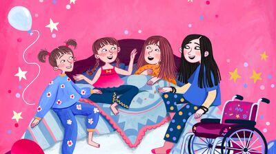 An illustration of girls sitting on a bed, on a pink background with stars and balloons