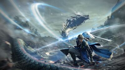 An anime-style warrior in a blue cloak crouches dynamically as a giant scaled eastern dragon circles through a stormy sky.