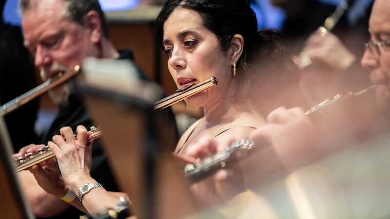 A flautist playing the flute surrounded by other flautists.
