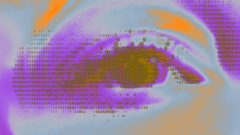 A graphic of an eye made up of tiny black numbers, with orange and purple shadows