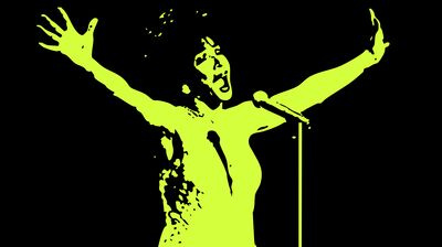 A high-contrast yellow stencil illustration of a singer on a black background, performing with arms spread wide.