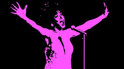 A high-contrast pink stencil illustration of a singer on a black background, performing with arms spread wide.