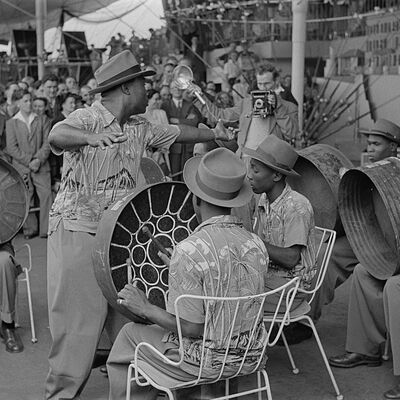 Lieutenant Joseph Nathaniel Griffith conducts the Trinidad All-Steel Percussion Orchestra during their first public performance at the Festival of Britain on 26th July 1951