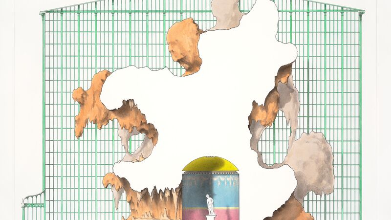 Architectural cross-section painting of a massive green iron glasshouse containing organic rock formations and a small, colorful classical rotunda with a statue.