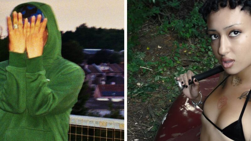 Side by side photo of a man wearing a green hoodie, hiding his face with his hands and a woman wearing a bikini holding a baseball bat.