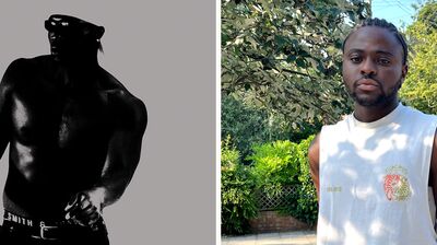 A side by side photo of a high-contrast black-and-white silhouette on the left and a person outdoors near green foliage on the right.