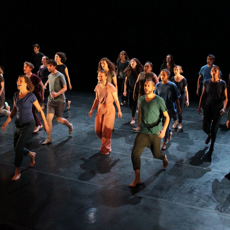 Large group of diverse actors walk forwards on a stage.