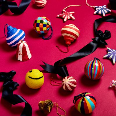 A flat lay of colourful baubles