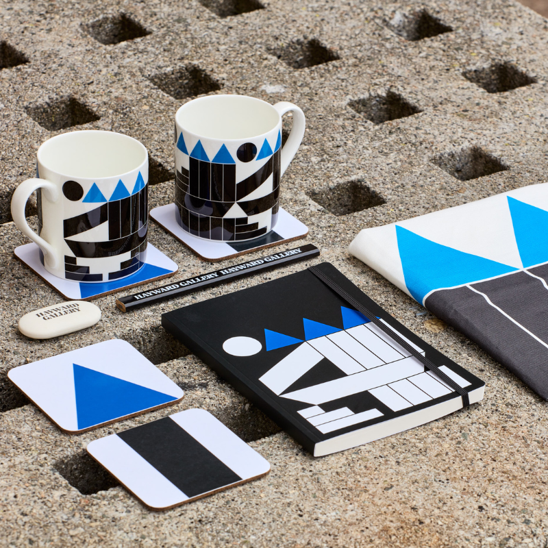 Block Scene water bottle, mug and notepad photographed on the Southbank Centre yellow steps