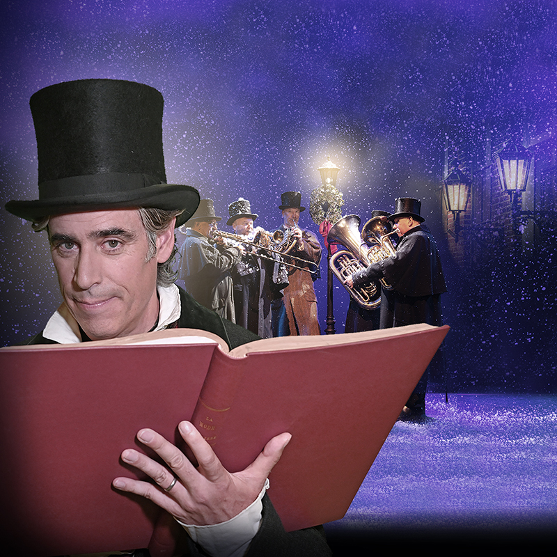 Stephen Mangan and brass players under a falling snow