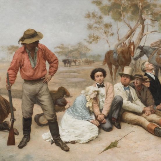 Painting of bushranger holding gun, with group of people sitting on ground looking scared
