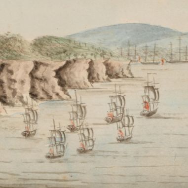 Painting of ships at sea next to headlands