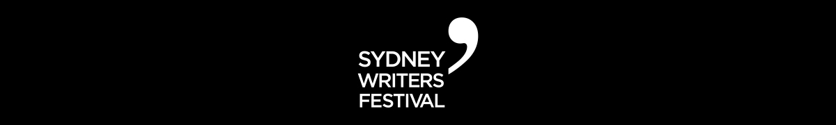 White Sydney Writers' Festival logo with apostrophe on black background