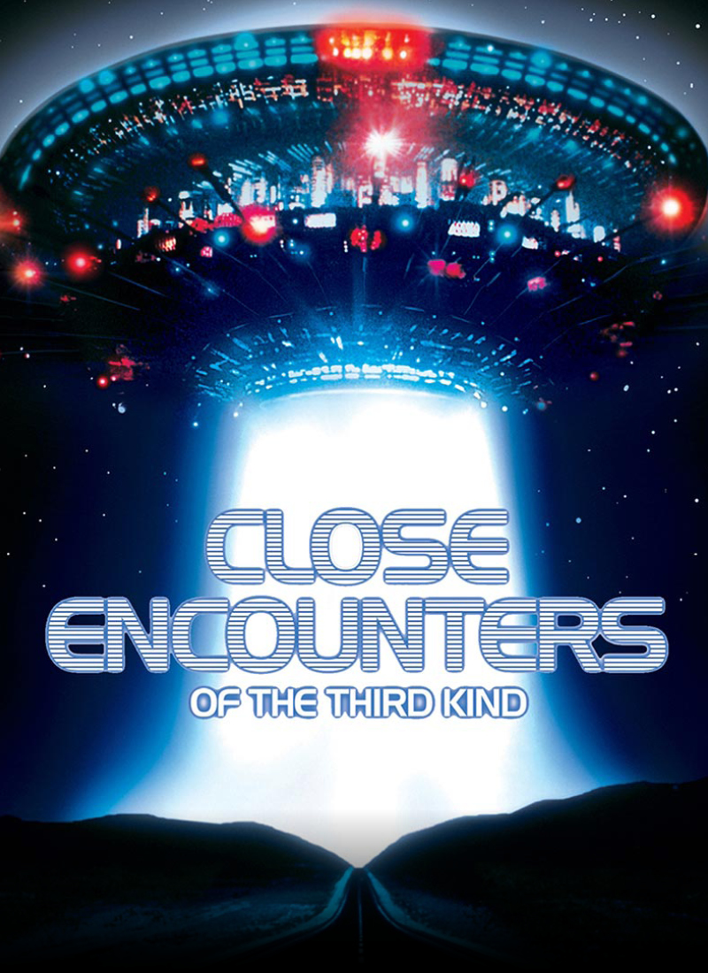 Close Encounters of the Third Kind movie poster with a UFO hovering above Earth.