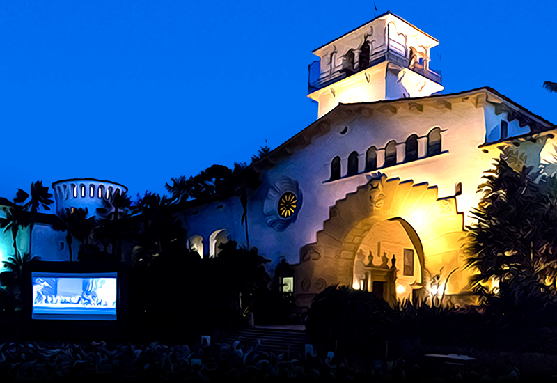 Oil-painting style graphic of the Santa Barbara County Courthouse at night, with a movie screen in front.