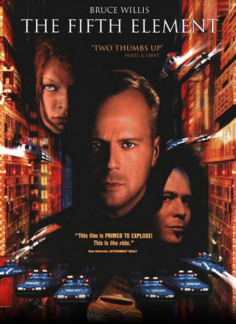 Fifth Element movie poster with floating heads of Bruce Willis, Gary Oldman and Milla Jovovich.