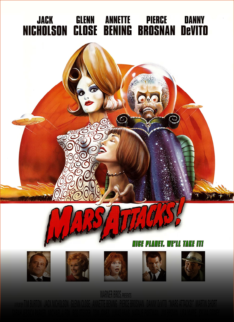 Mars Attacks poster featuring a rendering of 3 aliens in front of a red planet.