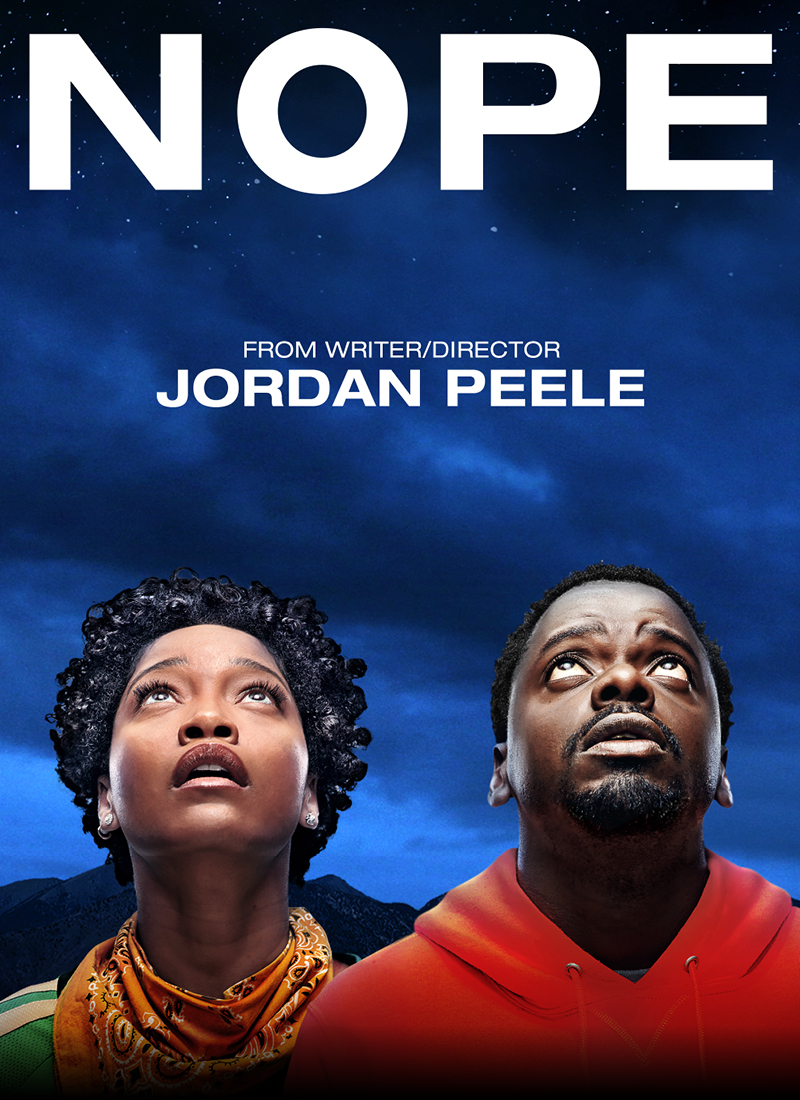 Nope movie poster with Keke Palmer and Daniel Kaluuya looking up at a dark sky.