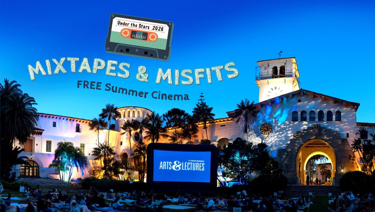 Santa Barbara County Courthouse Sunken Gardens at sunset with the Sun, Surf and Cinema logo