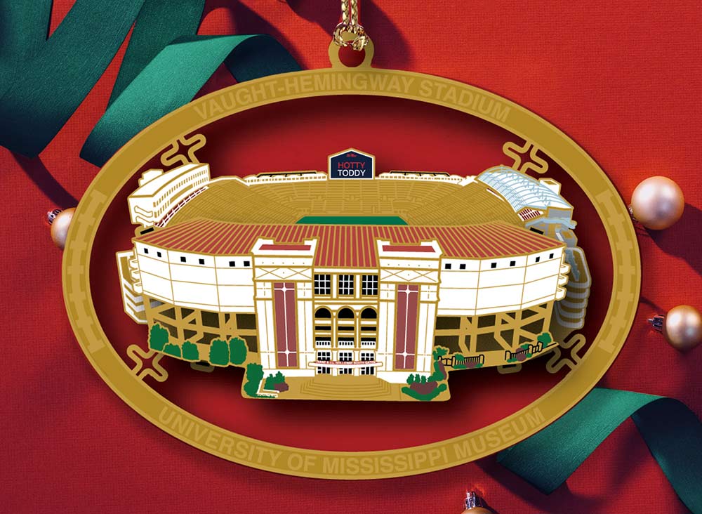 The Museum's 2021 Keepsake ornament featuring a replica of Vaught-Hemingway Stadium