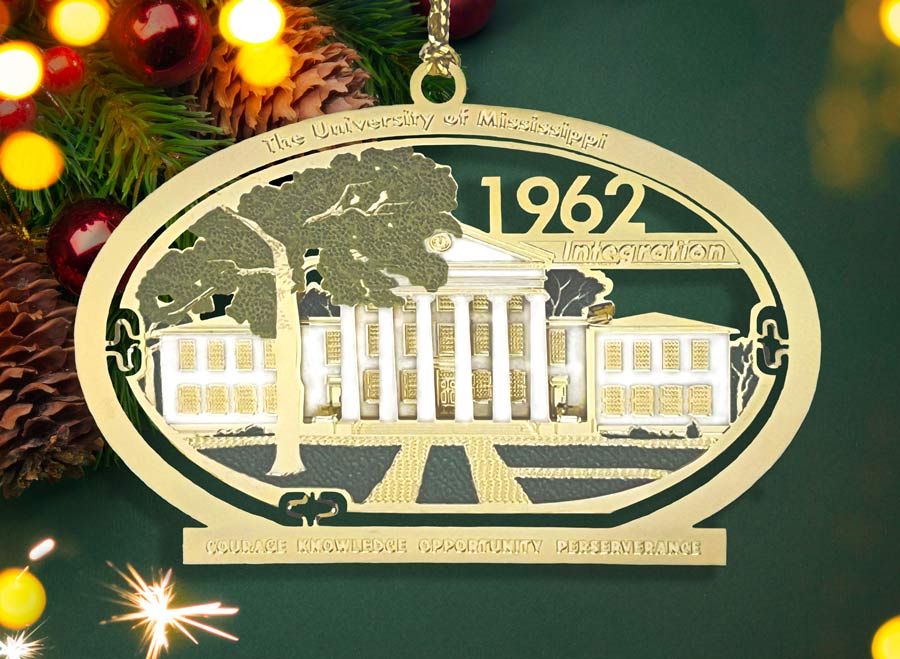 The Museum's 2022 Keepsake ornament commemorating the 1962 integration of the University of Mississippi. Courage Knowledge Opportunity Perseverance
