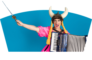 An opera singer in a pink dress holding a sword and an accordion, wearing a Viking hat 