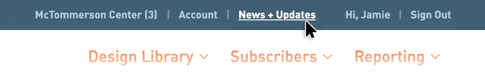 Screenshot of News + Updates link in the top navigation of WordFly