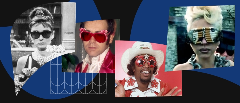 Audrey Hepburn, Elton John, Bootsy Collins, and Lady Gaga wearing sunglasses