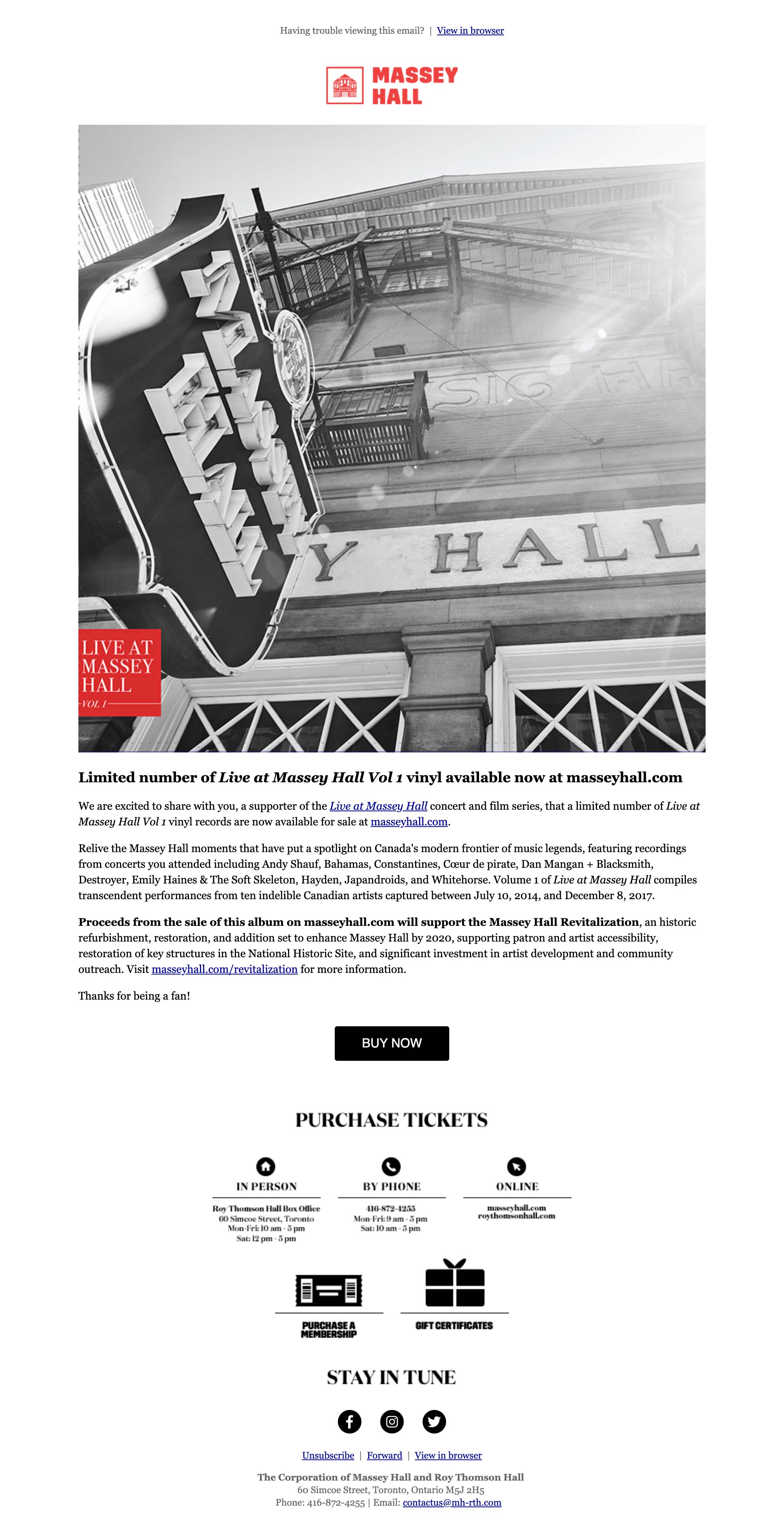 Limited number of Live at Massey Hall Vol 1 vinyl available now at masseyhall.com - desktop view