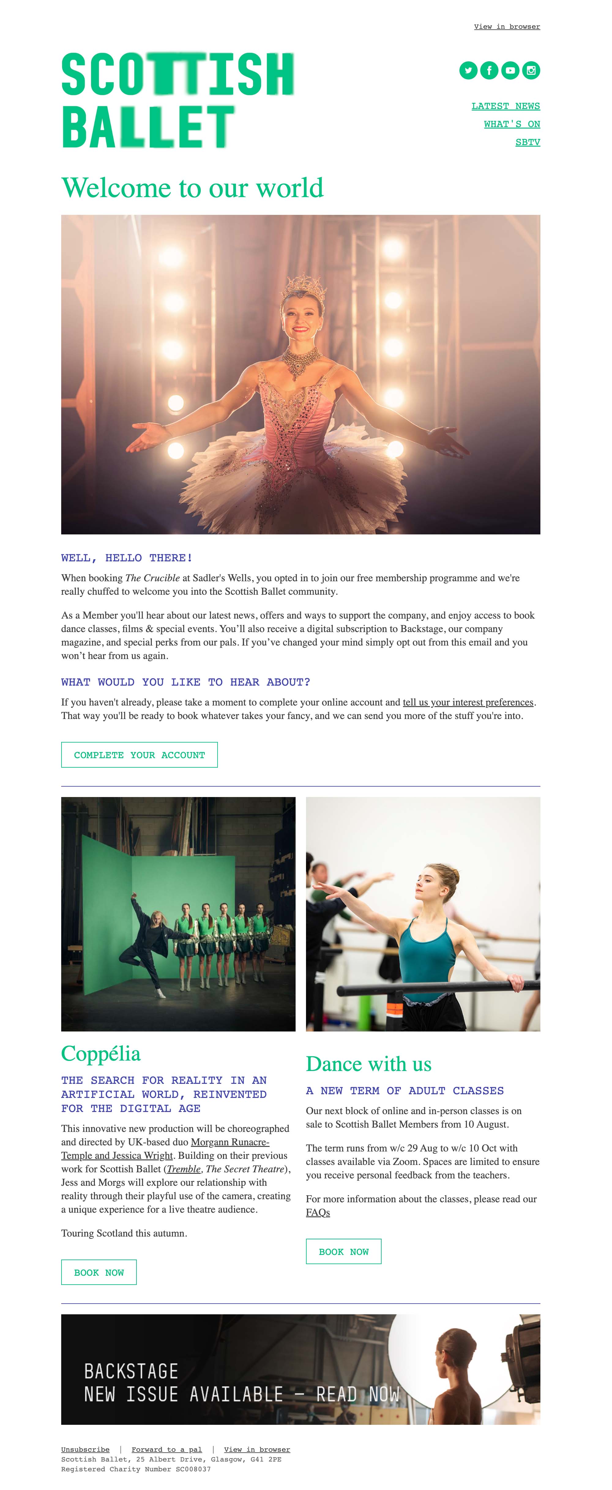 ✨ FirstName, welcome to Scottish Ballet - desktop view
