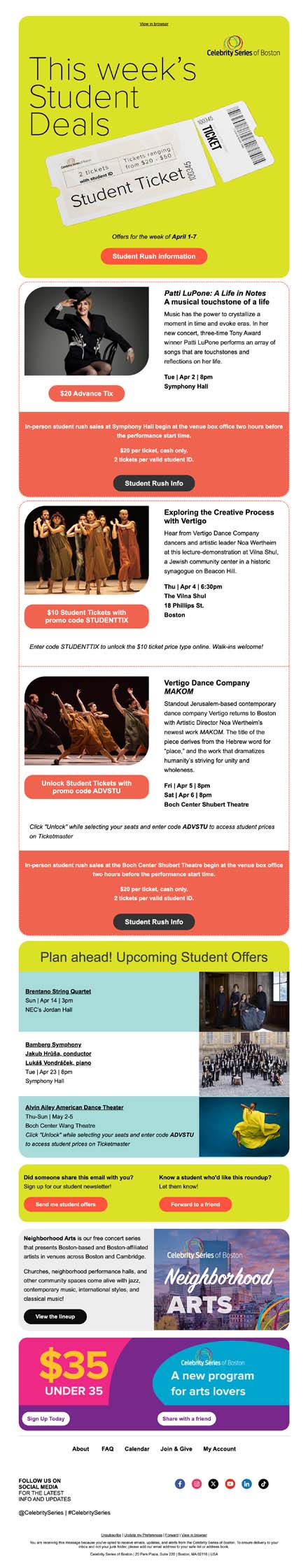 Student Offers This Week: Patti LuPone, Vertigo Dance Company, and more!!