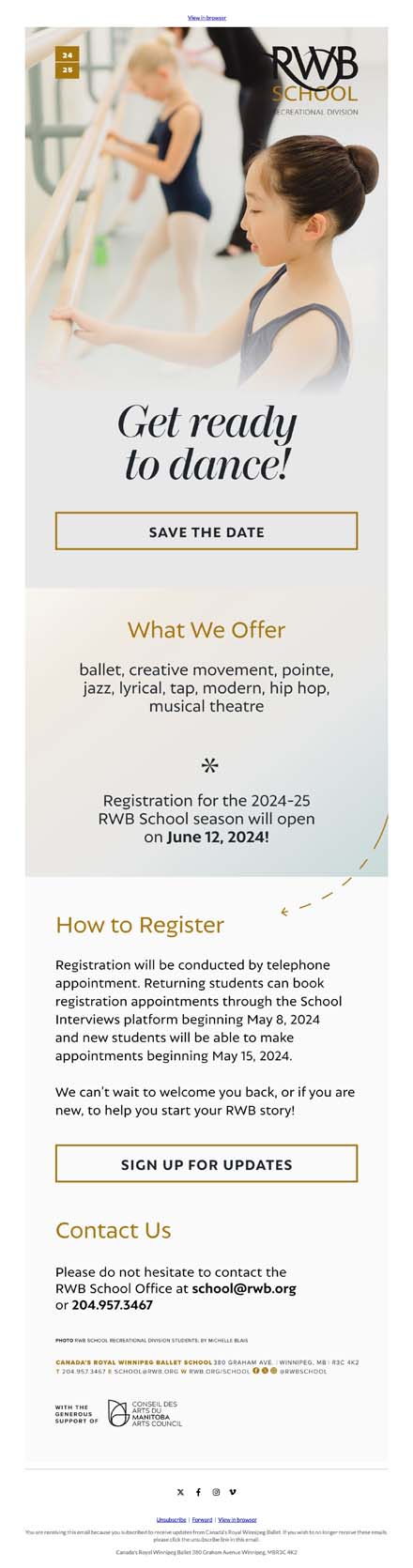 Save the date! RWB School recreational classes registration!