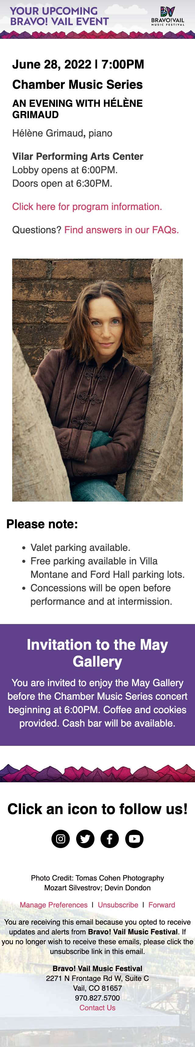 Your Bravo! Vail June 28 Event Information - mobile view