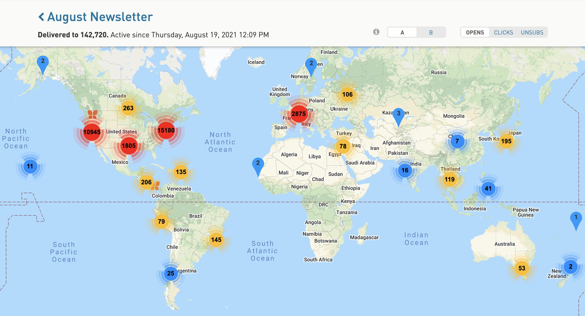 Screenshot of geolocation map with high concentrations of events in Europe, New York, Texas, and California